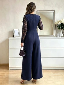 Modelyn Contrast Lace Ruched Front Wide Leg Jumpsuit - Navy Blue - View 2