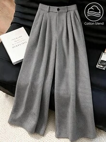 GlowEve CURVE 大尺碼女款熱銷優雅經典千鳥格西裝寬腿褲，極簡剪裁設計，舒適百搭，適合日常通勤、正式場合、約會與聚會 - 黑與白 - 查看 1