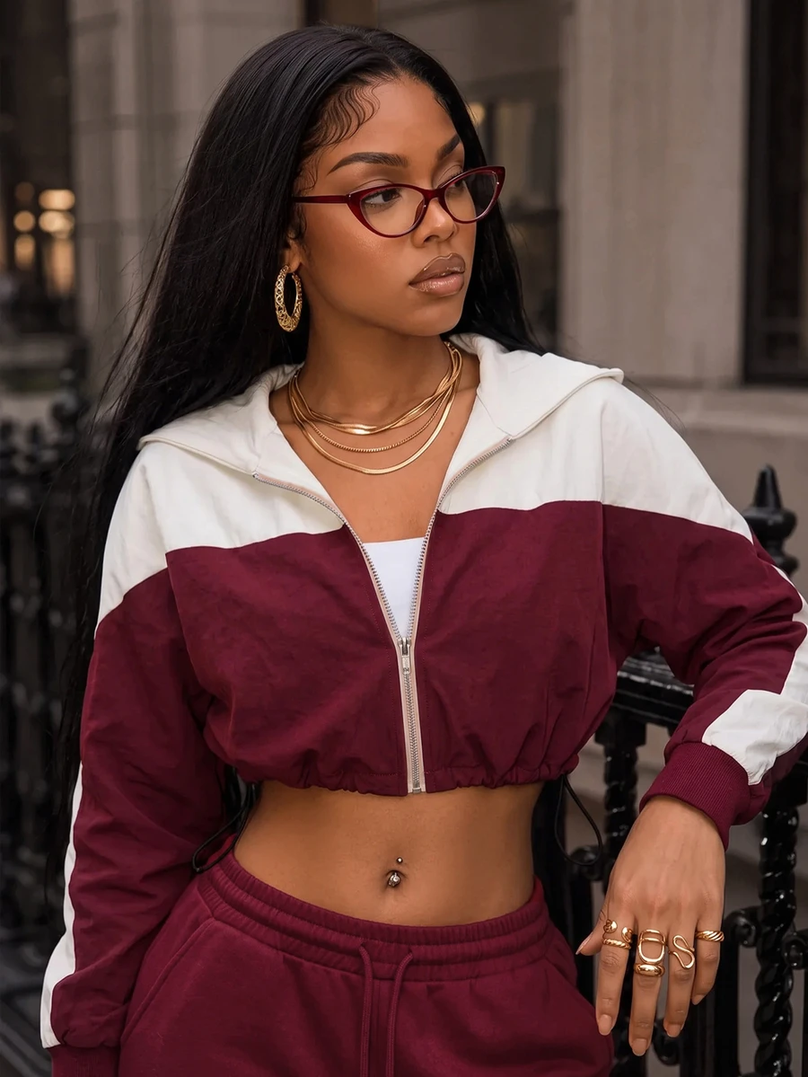 BamGleam Two Tone Zip Up Hooded Crop Sports Jacket - Burgundy - View 1