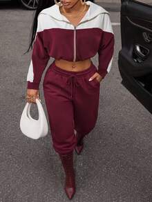 BamGleam Two Tone Zip Up Hooded Crop Sports Jacket - Burgundy - View 4