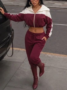 BamGleam Two Tone Zip Up Hooded Crop Sports Jacket - Burgundy - View 6