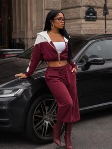 BamGleam Two Tone Zip Up Hooded Crop Sports Jacket - Burgundy - View 1