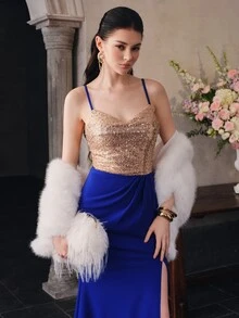 Anewsta Affair Women's Elegant Spaghetti Strap Sequin Patchwork Knit Distressed High Slit Evening Dress - Royal Blue - View 6