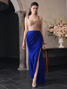 Anewsta Affair Women's Elegant Spaghetti Strap Sequin Patchwork Knit Distressed High Slit Evening Dress - Royal Blue - View 3