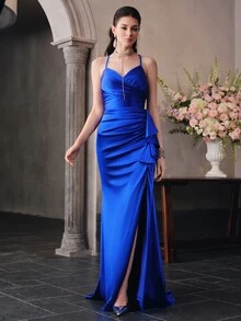 Anewsta Affair Elegant V-Neck Back Tie Waist Draped Slit Floor-Length Evening Dress - Royal Blue - View 6