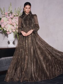Anewsta Affair Women's Cross-Neckline Princess Long Sleeve Shiny Fabric Patchwork Elegant Party Evening Dress - Brown - View 4