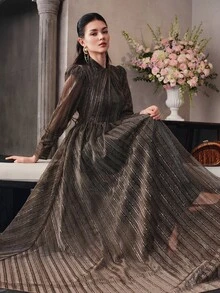 Anewsta Affair Women's Cross-Neckline Princess Long Sleeve Shiny Fabric Patchwork Elegant Party Evening Dress - Brown - View 6