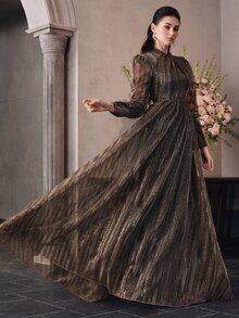 Anewsta Affair Women's Cross-Neckline Princess Long Sleeve Shiny Fabric Patchwork Elegant Party Evening Dress - Brown - View 3
