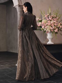 Anewsta Affair Women's Cross-Neckline Princess Long Sleeve Shiny Fabric Patchwork Elegant Party Evening Dress - Brown - View 2