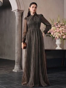 Anewsta Affair Women's Cross-Neckline Princess Long Sleeve Shiny Fabric Patchwork Elegant Party Evening Dress - Brown - View 5