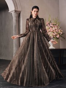 Anewsta Affair Women's Cross-Neckline Princess Long Sleeve Shiny Fabric Patchwork Elegant Party Evening Dress - Brown - View 7