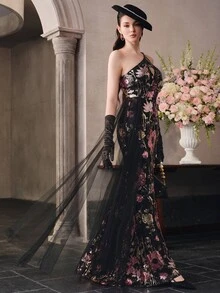 Anewsta Affair [Random Cut] Women's Elegant One-Shoulder Mesh Ruffle Design Cinched Waist Sequin Evening Gown Dress - Black - View 6