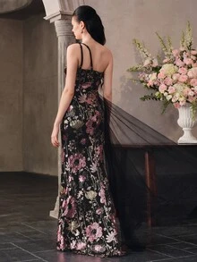 Anewsta Affair [Random Cut] Women's Elegant One-Shoulder Mesh Ruffle Design Cinched Waist Sequin Evening Gown Dress - Black - View 2