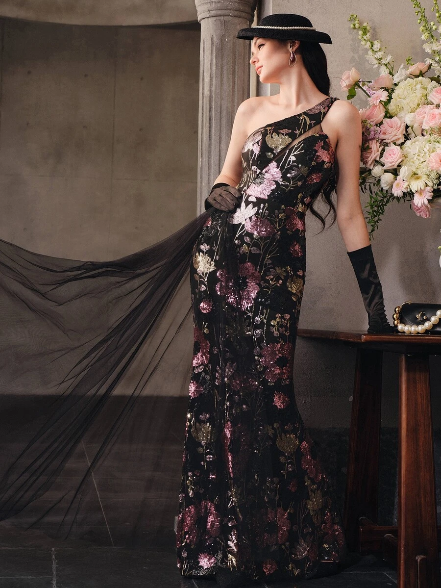 Anewsta Affair [Random Cut] Women's Elegant One-Shoulder Mesh Ruffle Design Cinched Waist Sequin Evening Gown Dress - Black - View 1