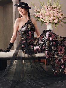 Anewsta Affair [Random Cut] Women's Elegant One-Shoulder Mesh Ruffle Design Cinched Waist Sequin Evening Gown Dress - Black - View 3