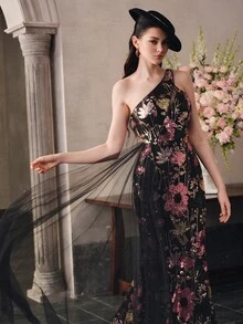 Anewsta Affair [Random Cut] Women's Elegant One-Shoulder Mesh Ruffle Design Cinched Waist Sequin Evening Gown Dress - Black - View 7