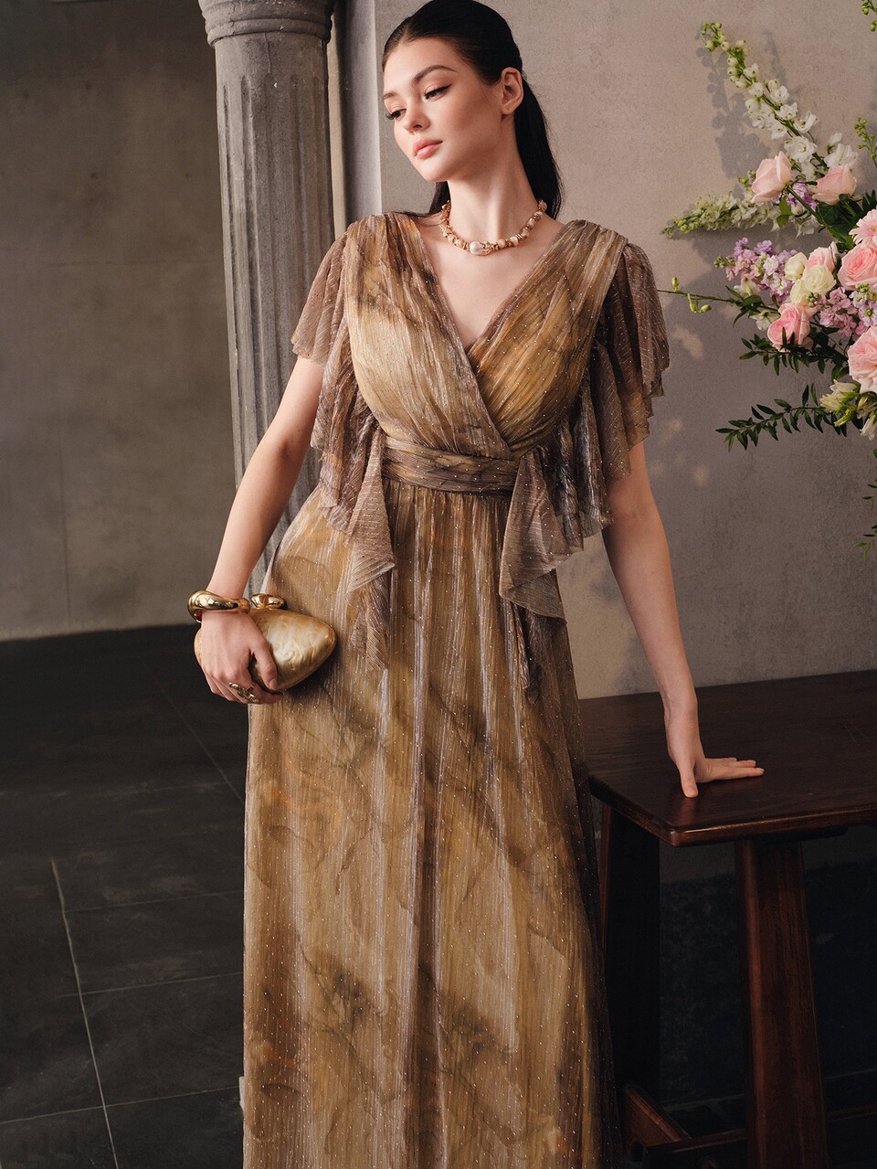 Anewsta Affair [Random Print]Women's Elegant V-Neck Pleated Sleeve Cinched Waist Sequin Silk Evening Gown Dress