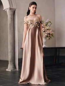Anewsta Affair Shoulder Large Round Sequin Patchwork Silk Satin Evening Gown - Champagne - View 7