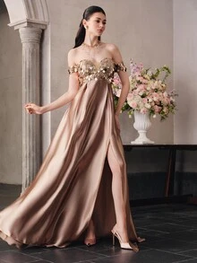 Anewsta Affair Shoulder Large Round Sequin Patchwork Silk Satin Evening Gown - Champagne - View 1