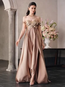 Anewsta Affair Shoulder Large Round Sequin Patchwork Silk Satin Evening Gown - Champagne - View 5