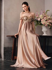 Anewsta Affair Shoulder Large Round Sequin Patchwork Silk Satin Evening Gown - Champagne - View 6