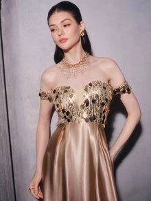 Anewsta Affair Shoulder Large Round Sequin Patchwork Silk Satin Evening Gown - Champagne - View 3