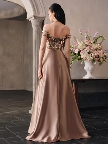 Anewsta Affair Shoulder Large Round Sequin Patchwork Silk Satin Evening Gown - Champagne - View 2