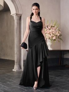 Anewsta Women's Sleeveless Diamond Neckline Back Cross Tie Sexy Open Back Dress With Ruched High Slit To Thigh Elegant Ruffle Mermaid Hem Evening Gown - Black - View 6