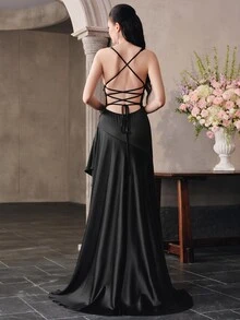 Anewsta Women's Sleeveless Diamond Neckline Back Cross Tie Sexy Open Back Dress With Ruched High Slit To Thigh Elegant Ruffle Mermaid Hem Evening Gown - Black - View 2
