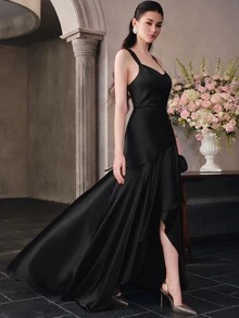 Anewsta Women's Sleeveless Diamond Neckline Back Cross Tie Sexy Open Back Dress With Ruched High Slit To Thigh Elegant Ruffle Mermaid Hem Evening Gown - Black - View 1