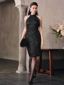 Anewsta Affair Women's Luxury Heavy Beaded Fringe Halter Neck Party Evening Ball Gown Dress - Black - View 3