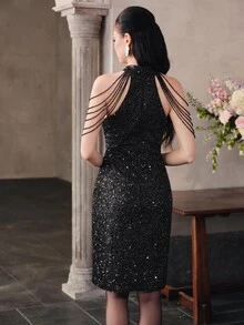 Anewsta Affair Women's Luxury Heavy Beaded Fringe Halter Neck Party Evening Ball Gown Dress - Black - View 6