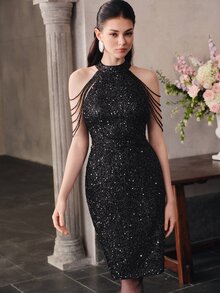 Anewsta Affair Women's Luxury Heavy Beaded Fringe Halter Neck Party Evening Ball Gown Dress - Black - View 4