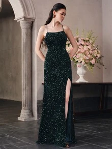 Anewsta Gaun Pesta Malam Elegan dengan Tali Bahu Tipis, Tanpa Punggung, Berhiaskan Payet, Bahan Beludru, dan Belahan Tinggi yang Mengencangkan Pinggang, Warna Polos - Dark Green - View 4