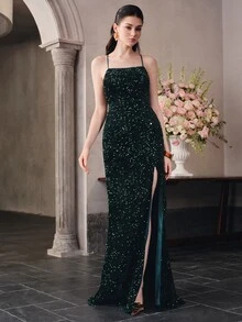 Anewsta Gaun Pesta Malam Elegan dengan Tali Bahu Tipis, Tanpa Punggung, Berhiaskan Payet, Bahan Beludru, dan Belahan Tinggi yang Mengencangkan Pinggang, Warna Polos - Dark Green - View 3