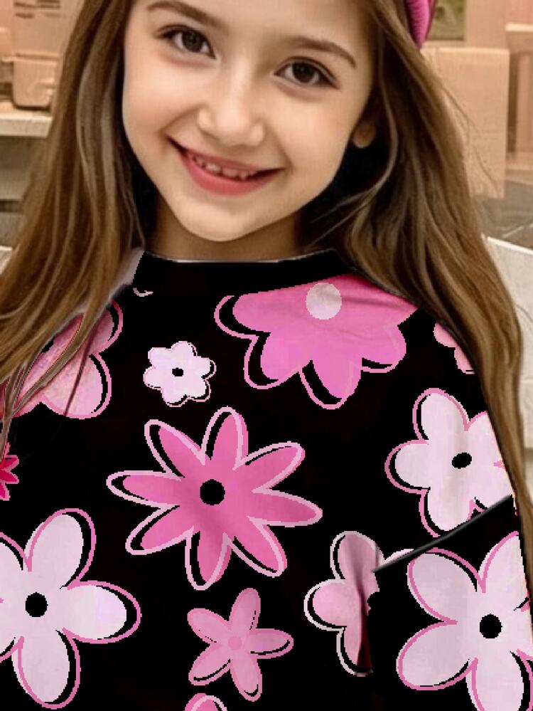 Tween Girls Casual Minimalist Autumn Sweet Colorful Floral Print, Black & Pink Contrast Color, Knitted Crew Neck Letter Graphic Loose Sweatshirt & Fitted Flare Pants 2-Piece Set, Cozy Fall & Winter Styles, Winter, Fall Clothes - White - View 3