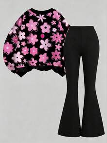 Tween女孩休閒極簡秋季甜美彩色花卉印花，黑粉對比色，針織圓領字母圖案寬鬆衛衣與修身喇叭褲2件套，舒適秋冬風格，冬季秋季服飾 - 白色 - 查看 2
