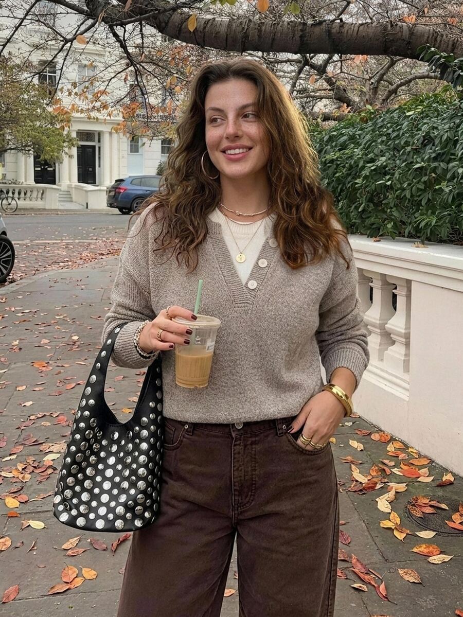 Dazy Plus Colorblock Patchwork Round Neck Loose Casual Fun Commute Long Sleeve Autumn/Winter Pullover Sweater - Camel - View 1