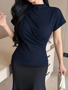 DAZY 夏季休閒純色抓皺短袖T恤 - 藏蓝色 - 查看 7