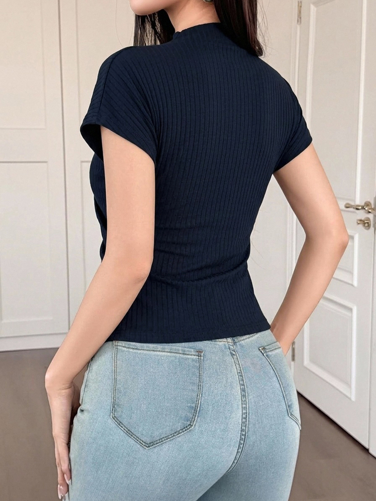 DAZY Summer Casual Solid Color Ruched Short Sleeve T-Shirt - Navy Blue - View 3