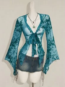 SHEIN ICON Asymmetrical Hem Flare Sleeve Vintage Flocked Mesh Sheer Cardigan For Women - Blue - View 10
