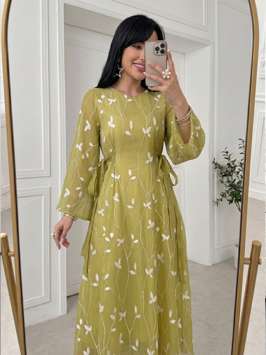 Yasveil Al-Adha Women Spring/Summer Olive Green Leaf Embroidered Long Sleeve Tie-Waist A-Line Arabic Maxi Dress,Elegant V-Neckline Cottage Chic - Green - View 1