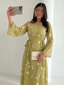 Yasveil Al-Adha Women Spring/Summer Olive Green Leaf Embroidered Long Sleeve Tie-Waist A-Line Arabic Maxi Dress,Elegant V-Neckline Cottage Chic - Green - View 3