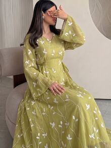 Yasveil Al-Adha Women Spring/Summer Olive Green Leaf Embroidered Long Sleeve Tie-Waist A-Line Arabic Maxi Dress,Elegant V-Neckline Cottage Chic - Green - View 6
