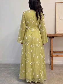 Yasveil Al-Adha Women Spring/Summer Olive Green Leaf Embroidered Long Sleeve Tie-Waist A-Line Arabic Maxi Dress,Elegant V-Neckline Cottage Chic - Green - View 2