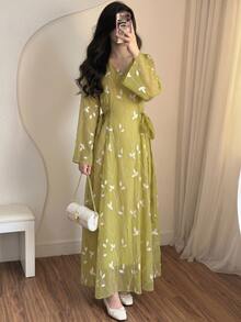 Yasveil Al-Adha Women Spring/Summer Olive Green Leaf Embroidered Long Sleeve Tie-Waist A-Line Arabic Maxi Dress,Elegant V-Neckline Cottage Chic - Green - View 4
