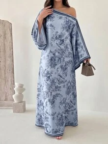 Yasmyna 女款春夏編織鏤空數位印花長袖不對稱領A字版型優雅浪漫土耳其與阿拉伯傳統長襯衫 - 藍色 - 查看 6