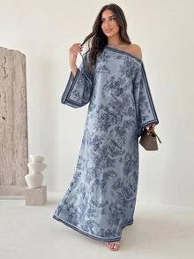 Yasmyna 女款春夏編織鏤空數位印花長袖不對稱領A字版型優雅浪漫土耳其與阿拉伯傳統長襯衫 - 藍色 - 查看 5