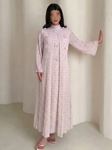 Yasmyna 女款春夏黃色編織紋理印花長袖立領3D花卉優雅浪漫阿拉伯風洋裝 - 粉色 - 查看 7
