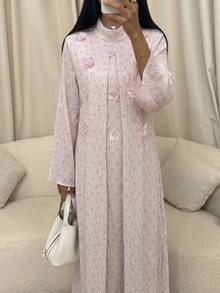 Yasmyna 女款春夏黃色編織紋理印花長袖立領3D花卉優雅浪漫阿拉伯風洋裝 - 粉色 - 查看 9